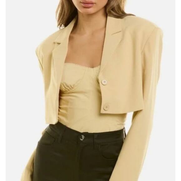 NWT WeWoreWhat Butter Yellow Cropped Herringbone Twill Blazer Women's Large - Picture 1 of 11